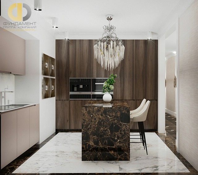 Интерьер трехкомнатной квартиры 107 кв. м в стиле арт-деко. Дизайн  кухни кухни