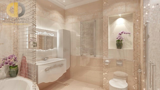 Современные идеи в дизайне изысканной ванной комнаты в кремовых тонах. Фото 2016