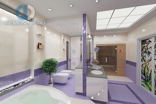 Современные идеи в дизайне ванной комнаты с фиолетовой отделкой. Фото 2016