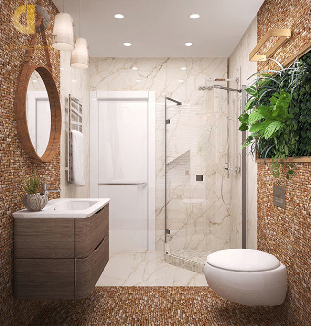 Современные идеи в дизайне ванной комнаты с угловой душевой кабиной. Фото 2016