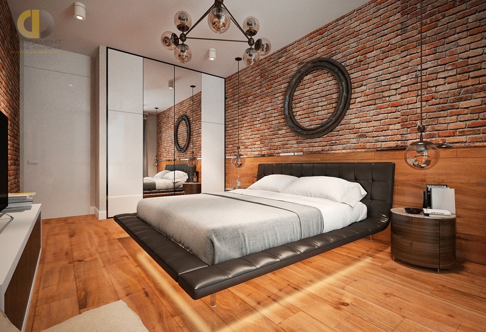 Спальня в квартире в новостройке в стиле лофт. Фото 2023 года