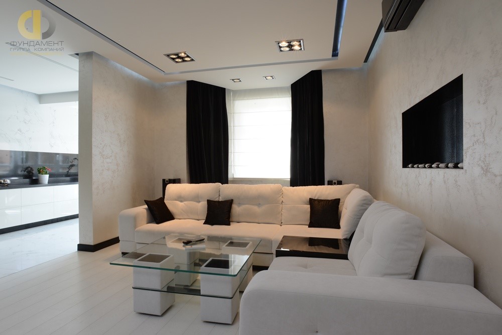 Монохромная гостиная в стиле минимализм в квартире Анфисы Чеховой