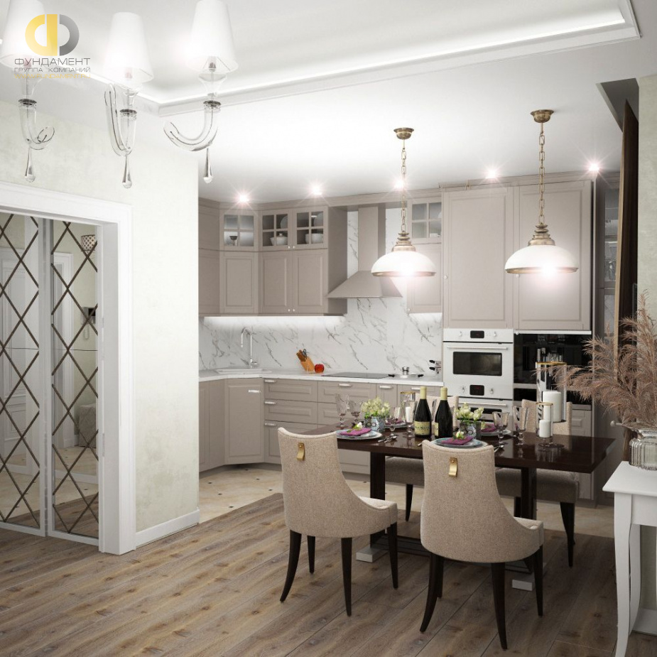 Дизайн интерьера кухни в трёхкомнатной квартире 90 кв.м в стиле современная классика