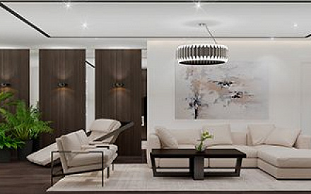 Дизайн-проект гостиной в трехкомнатной квартире 130 кв.м в Москве с фото в стиле минимализм