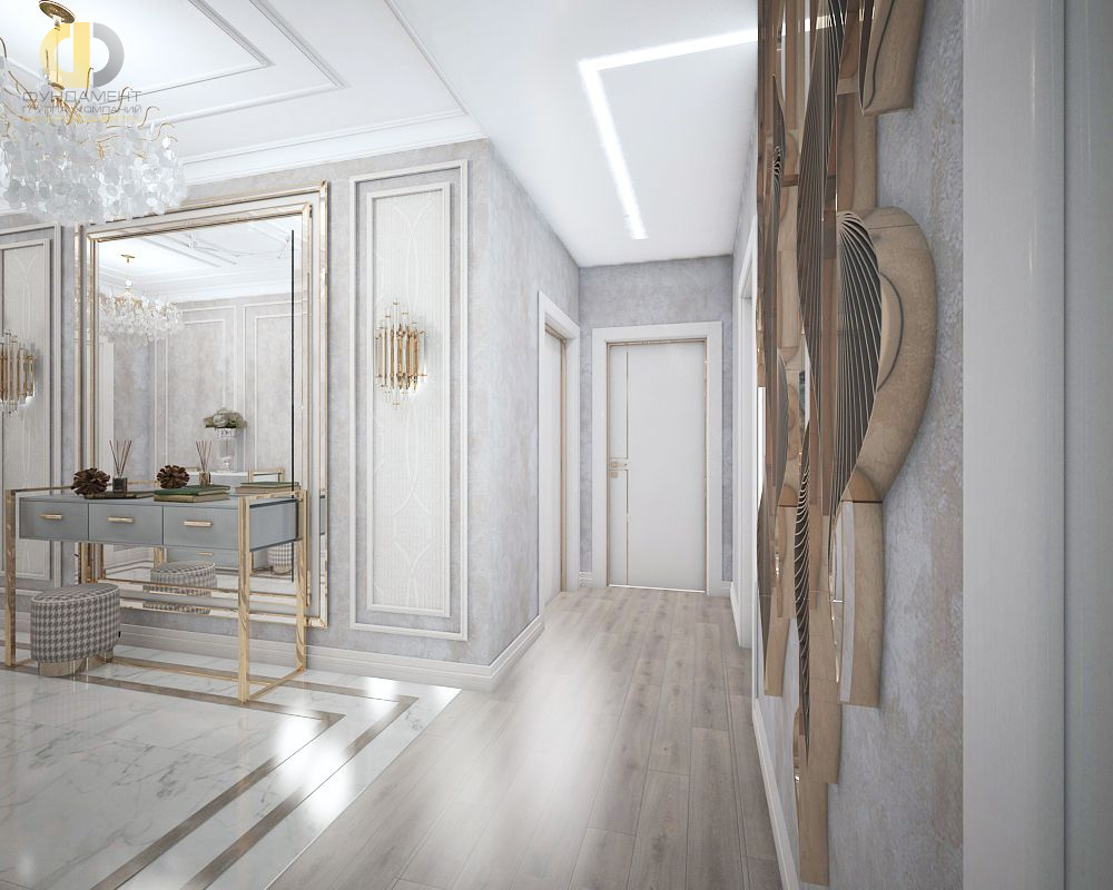 Дизайн интерьера коридора в четырёхкомнатной квартире 121 кв.м в стиле неоклассика с элементами ар-деко3