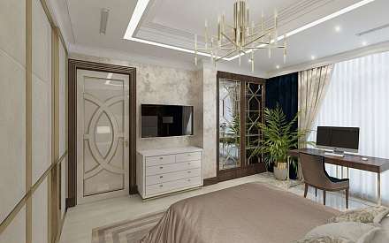 Дизайн интерьера спальни в четырёхкомнатной квартире 240 кв.м в стиле ар-деко