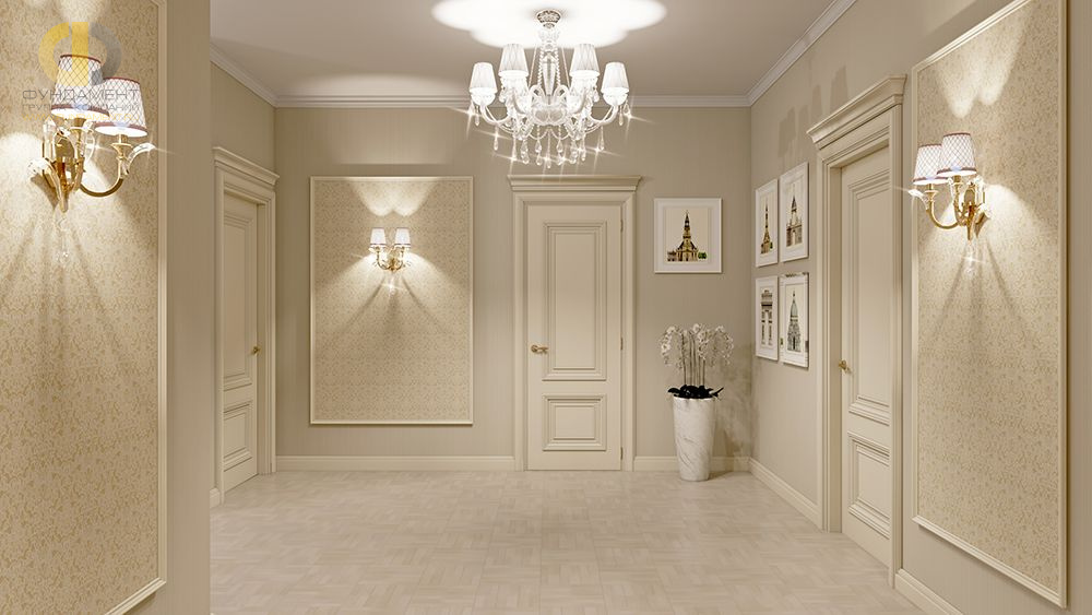 Дизайн интерьера коридора в трёхкомнатной квартире 134 кв.м в стиле современная классика