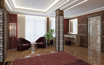 Дизайн интерьера спальни в четырёхкомнатной квартире 240 кв.м в стиле ар-деко