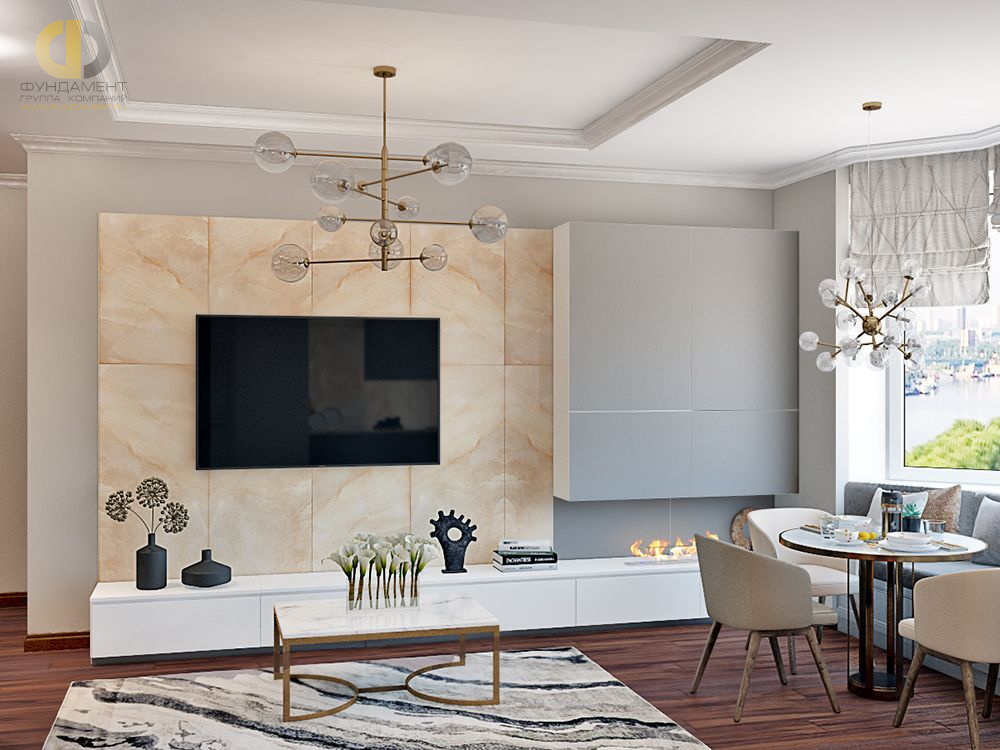 Дизайн интерьера гостиной в трёхкомнатной квартире 99 кв.м в стиле современная классика