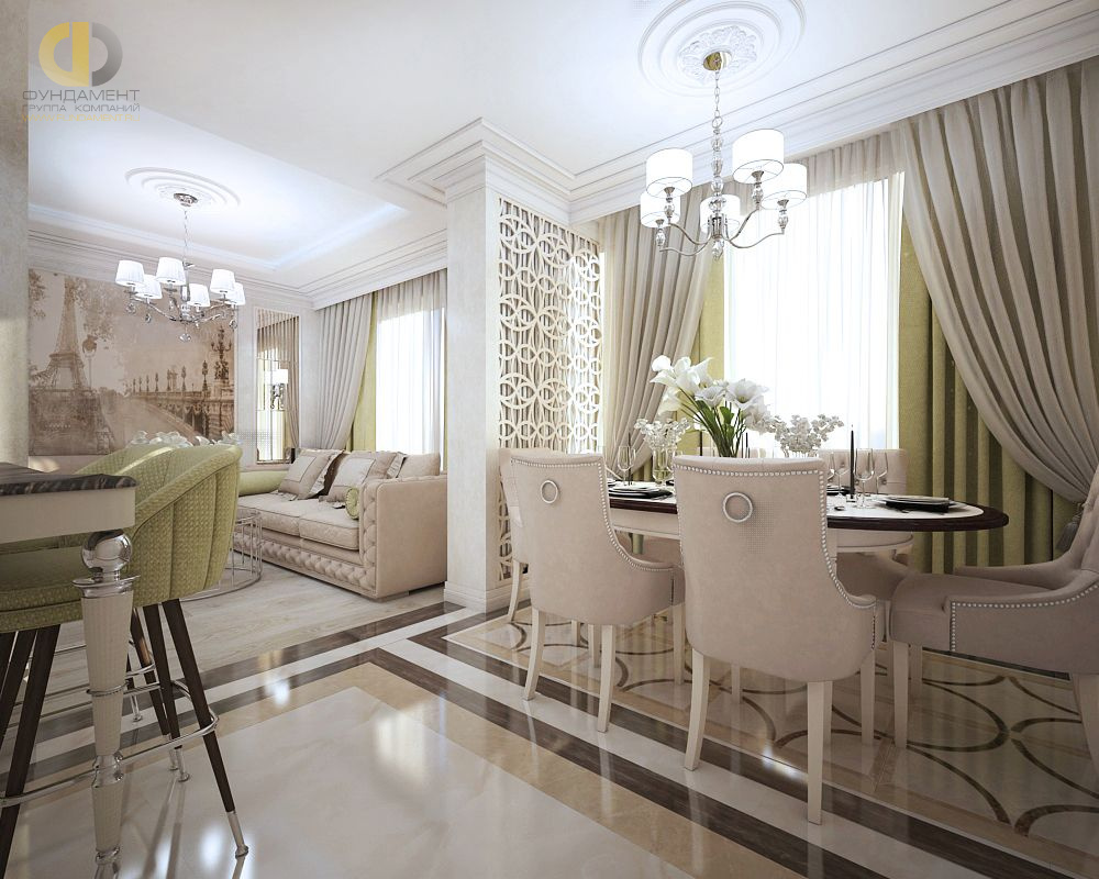 Дизайн интерьера столовой в четырёхкомнатной квартиры 103 кв.м в стиле современная классика – фото 83