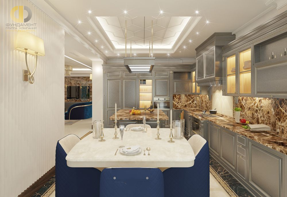 Дизайн интерьера кухни в четырёхкомнатной квартире 240 кв.м в стиле ар-деко