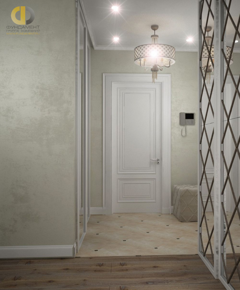 Дизайн интерьера коридора в трёхкомнатной квартире 90 кв.м в стиле современная классика