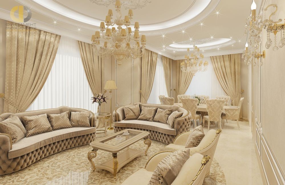 Дизайн гостиной в классическом стиле в золотистых тонах