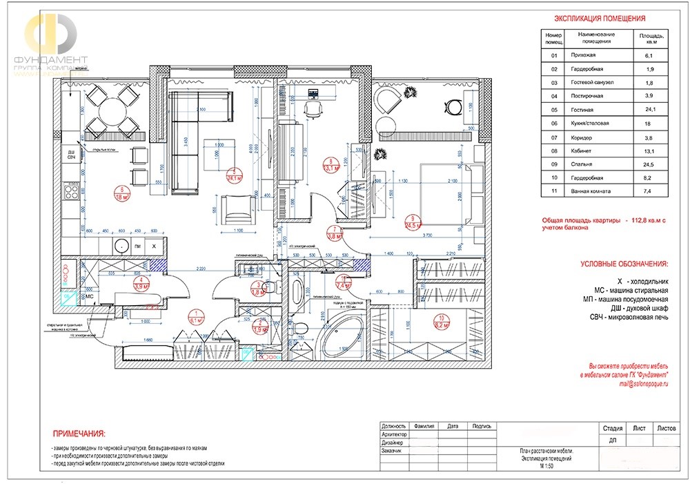 Проект ремонта квартиры 113 кв. м в ЖК «Английский Квартал» – План расстановки мебели и экспликация помещений