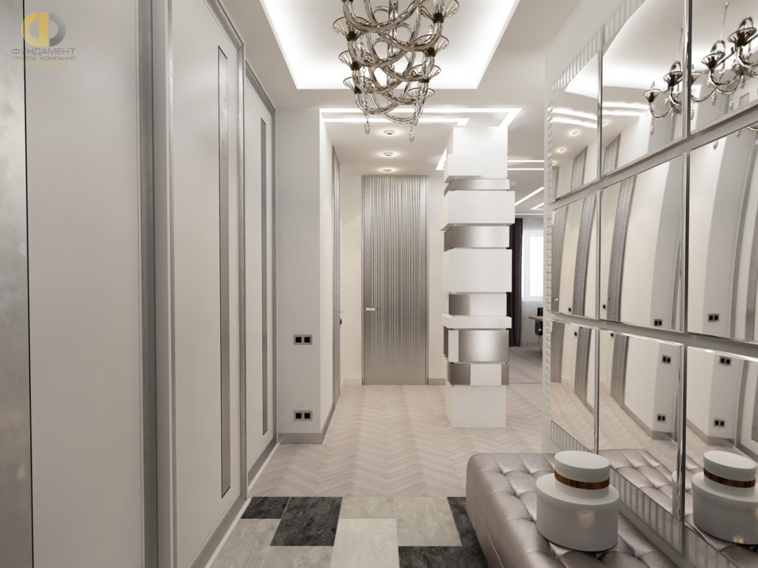 Дизайн коридора с зеркальным панно в ЖК «Эдельвейс» – 