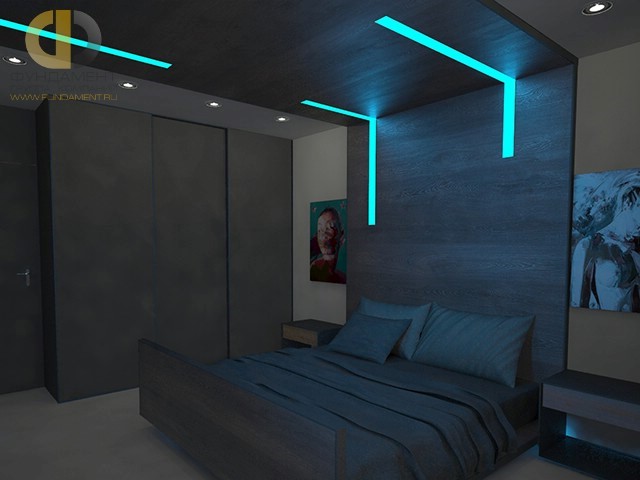 Интерьер современной спальни в квартире в Подольске со светодиодными светильниками