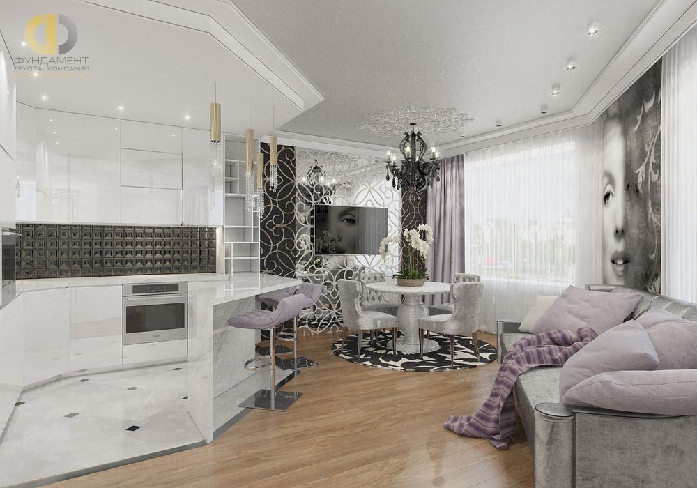 Белая кухня с гостиной в одной комнате в квартире в Москве