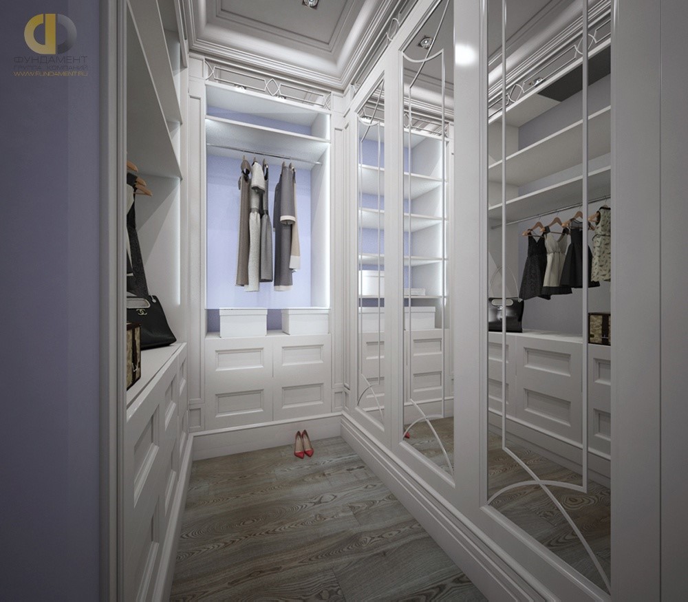 Дизайн гардеробной комнаты с большими зеркалами в ЖК «Английский Квартал» 