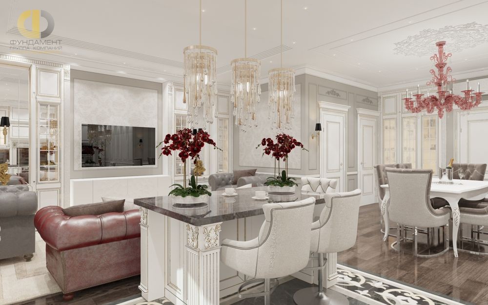 Дизайн белой гостиной в классическом стиле
