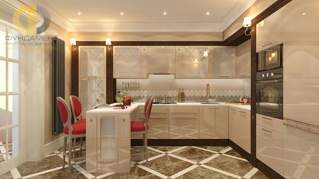 Дизайн пола на кухне керамогранитом под мрамор Дизайн пола на кухне керамогранитом под мрамор