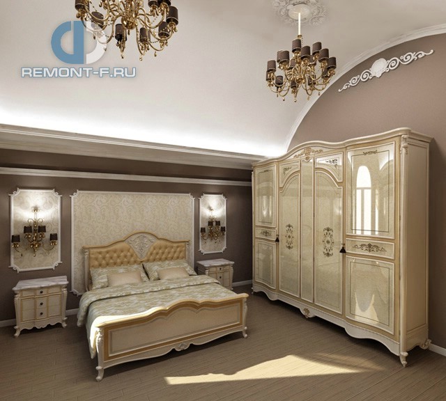 Дизайн классической спальни в коричнево-бежевых тонах