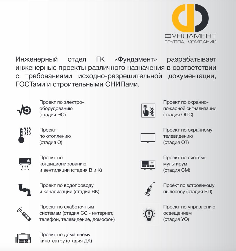 Виды инженерных проектов, разрабатываемых в ГК «Фундамент» Виды инженерных проектов, разрабатываемых в ГК «Фундамент»