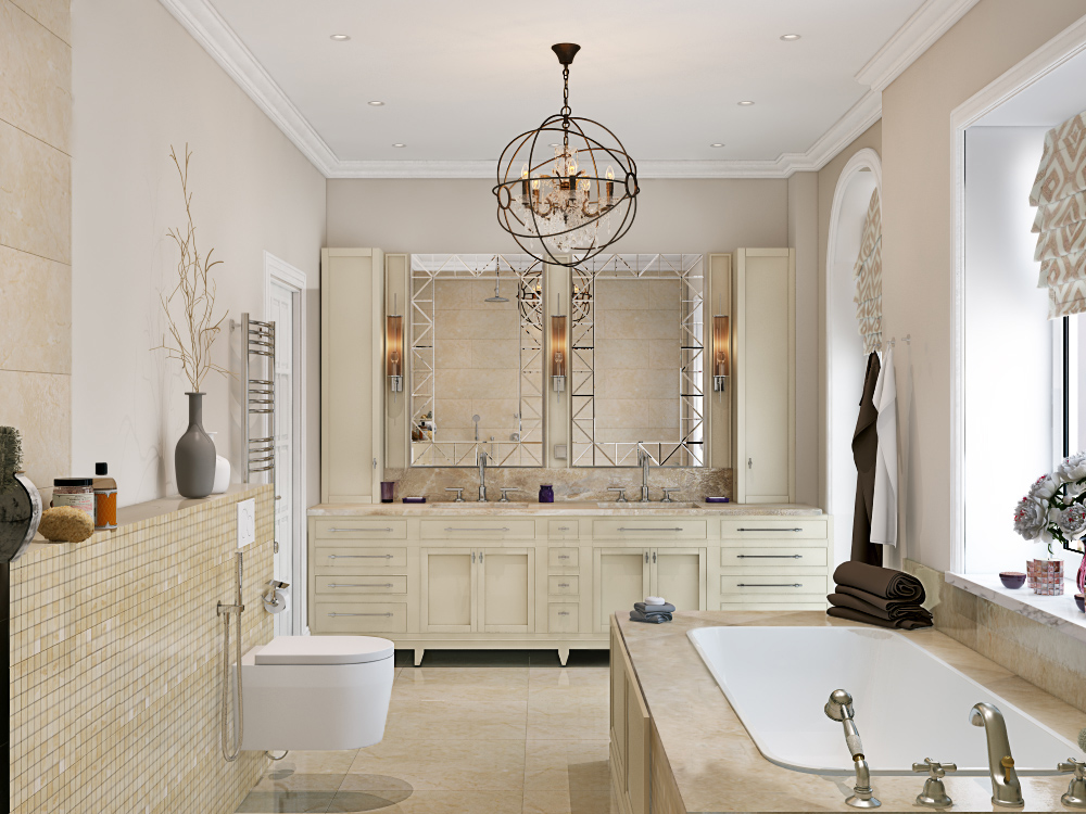 На фото:Интерьер ванной в квартире в стиле американская классика
