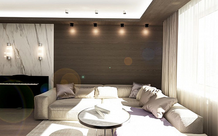 Дизайн интерьера гостиной в 4-комнатной квартире 144 кв. м в современном стиле