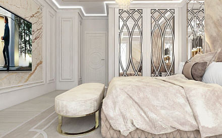 Дизайн интерьера спальни в двухуровневой квартире 118 кв.м в стиле неоклассика с элементами ар-деко 8