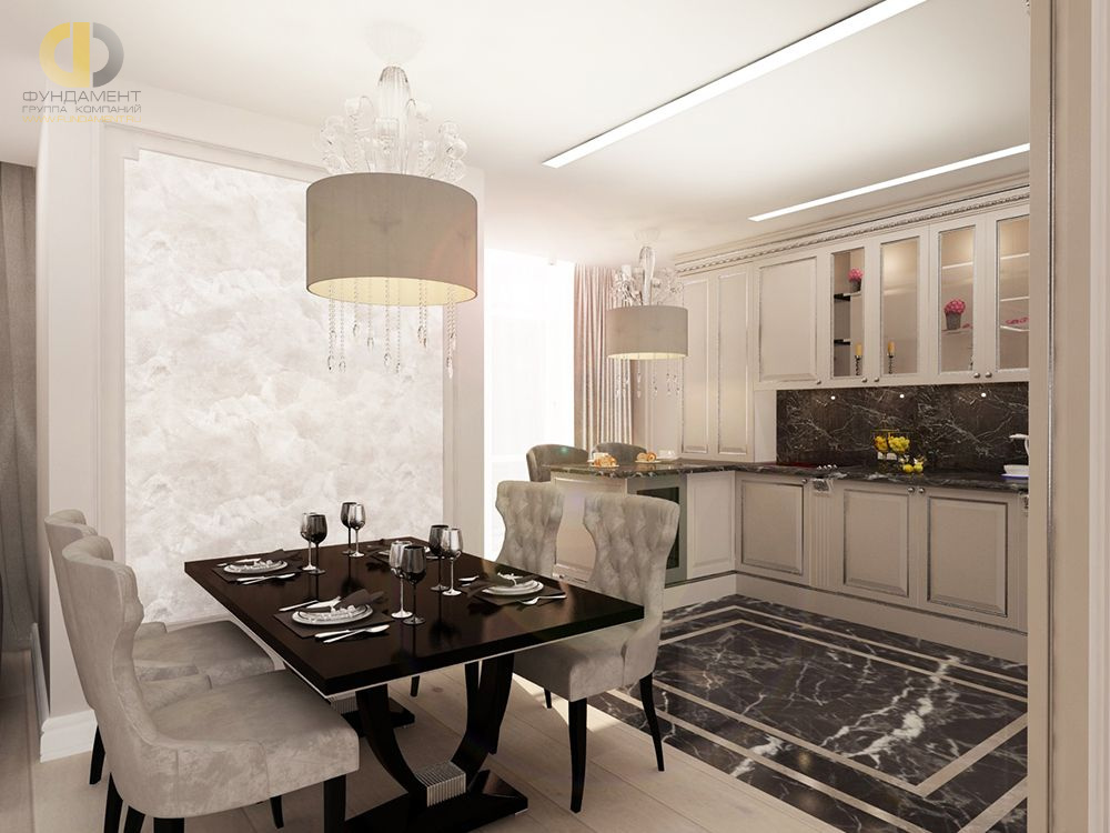 Дизайн интерьера кухни в 4-комнатной квартире 131 кв. м в стиле неоклассика