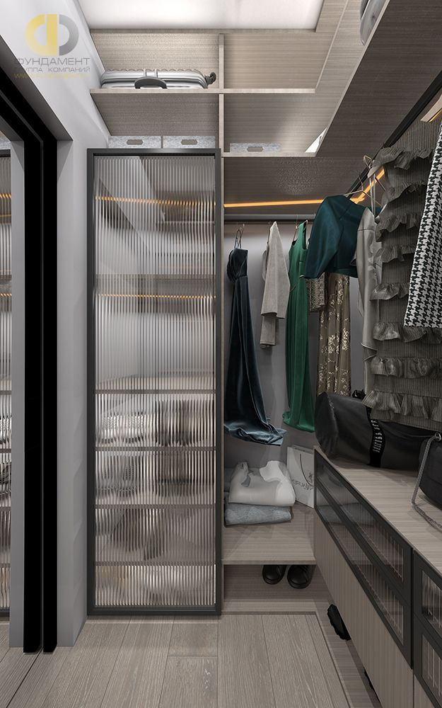Дизайн интерьера гардероба в трёхкомнатной квартире 101 кв. м в современном стиле  – фото 180