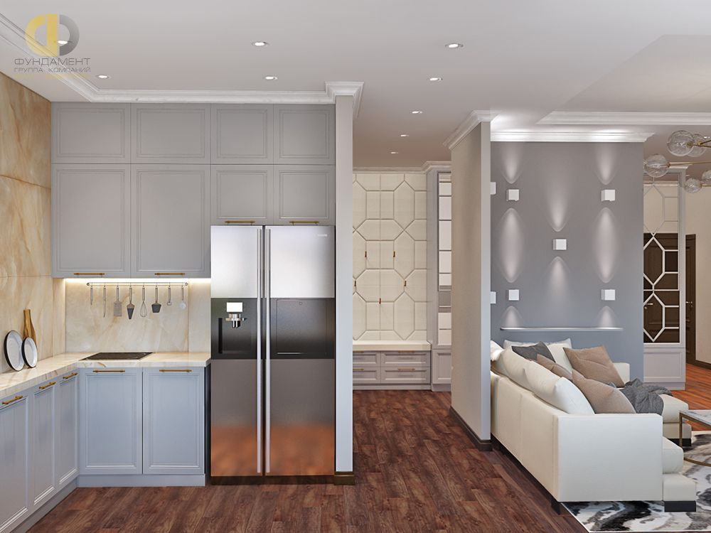 Дизайн интерьера кухни в трёхкомнатной квартире 99 кв.м в стиле современная классика