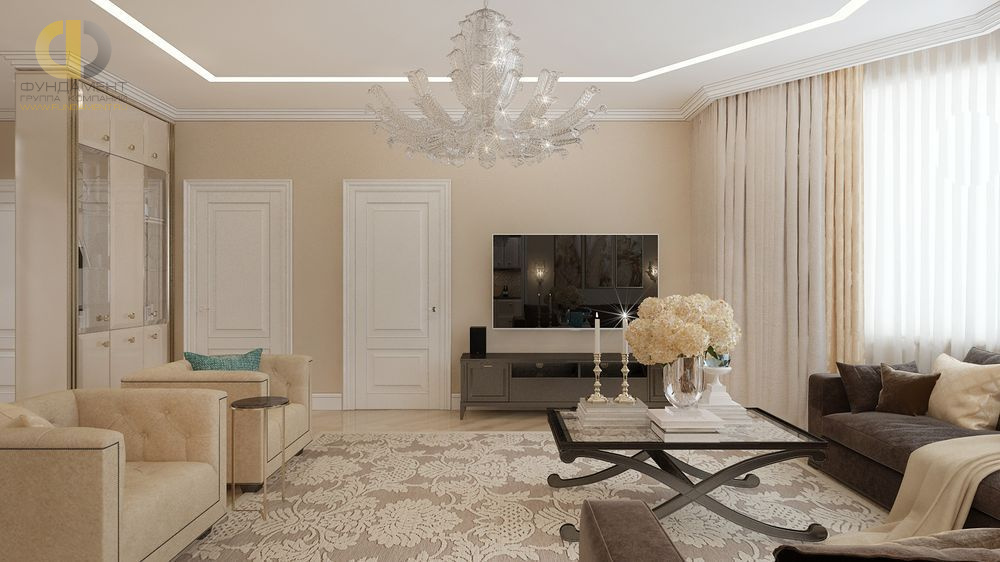 Дизайн интерьер гостиной в пятикомнатной квартире 127 кв.м в стиле современная классика