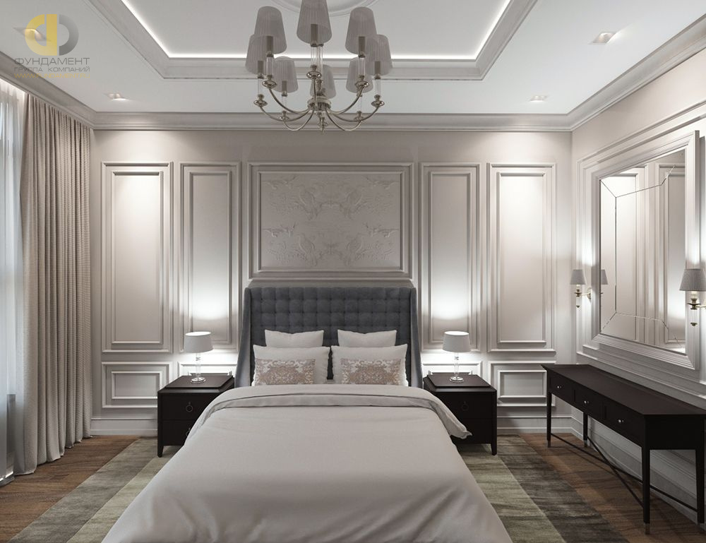 Дизайн интерьера спальни в четырёхкомнатной квартире 165 кв.м в классическом стиле с элементами лофт11