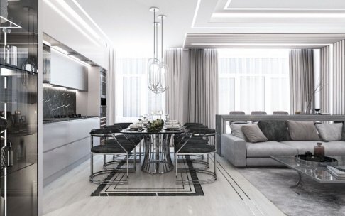 Дизайн интерьера трёхкомнатной квартиры 116 кв.м в современном стиле с элементами неоклассики и ар-деко