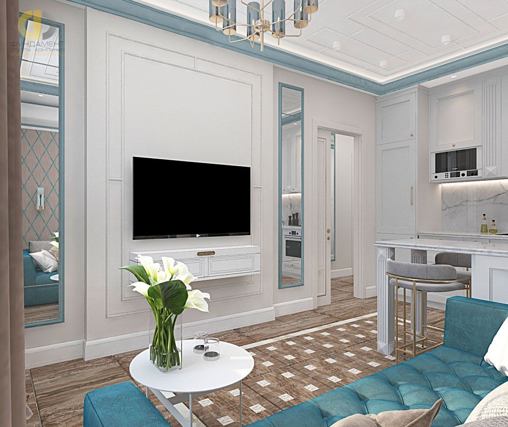 Дизайн интерьера гостиной в двухкомнатной квартире 44 кв.м в стиле современная классика11