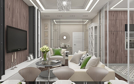 Дизайн интерьера гостиной в трёхкомнатной квартире 105 кв.м в современном стиле