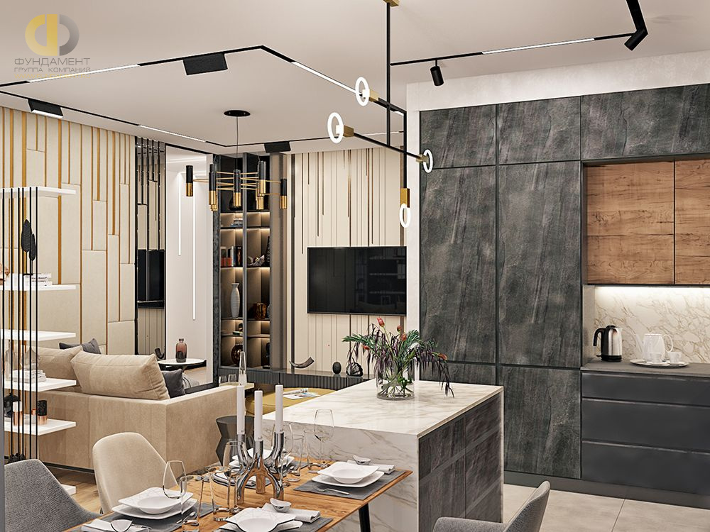 Дизайн интерьера кухни в трёхкомнатной квартире 99 кв. м в стиле эклектика 12