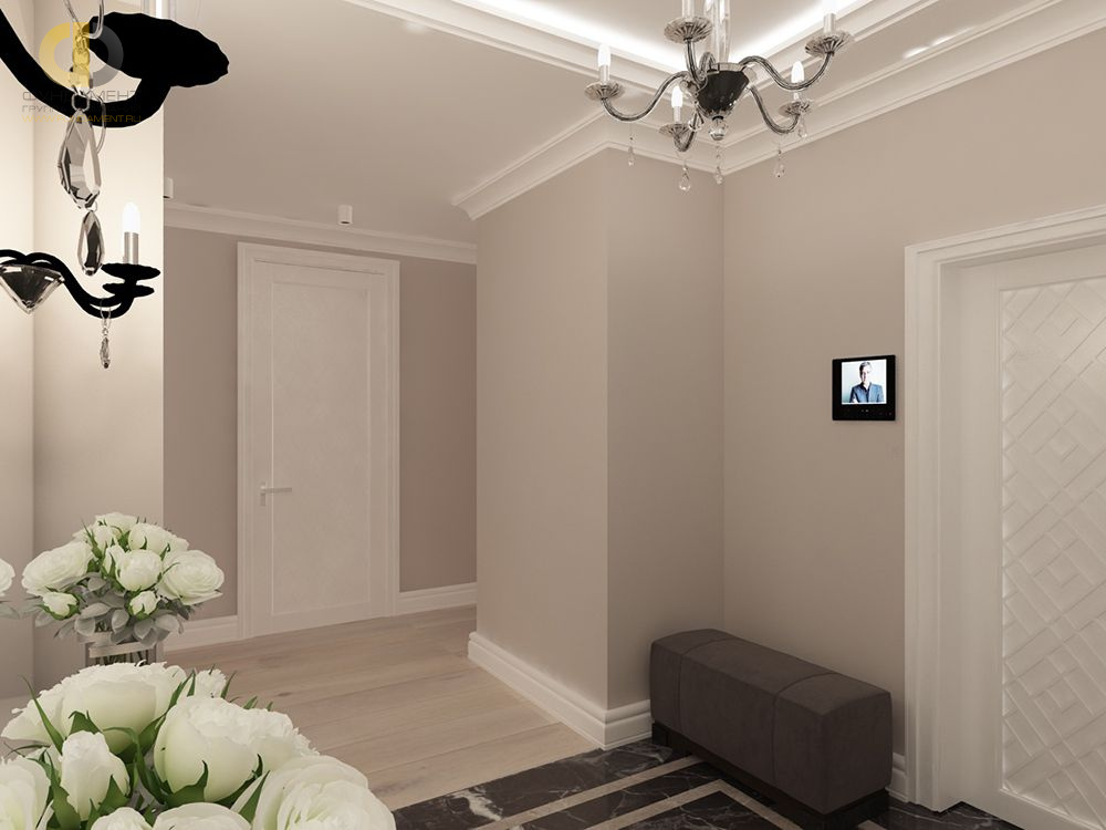Дизайн интерьера коридора в 4-комнатной квартире 131 кв. м в стиле неоклассика