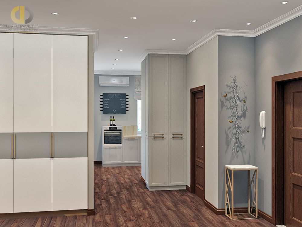 Дизайн интерьера коридора в трёхкомнатной квартире 99 кв.м в стиле современная классика