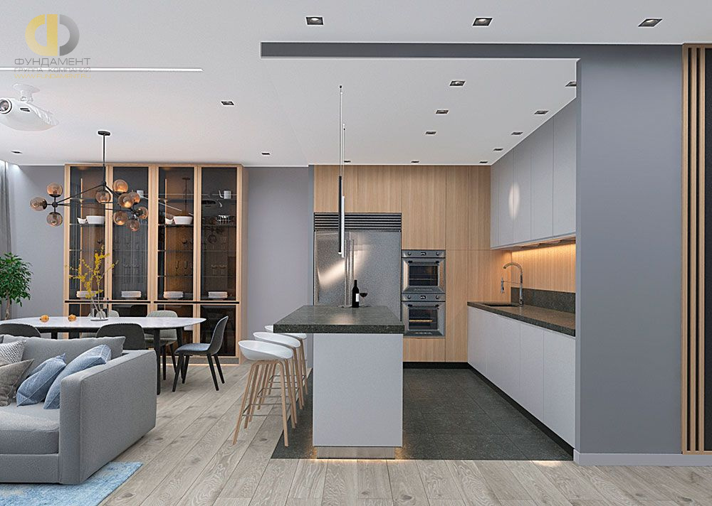 Дизайн интерьера кухни в трёхкомнатной квартире 123 кв.м в современном стиле – фото 867