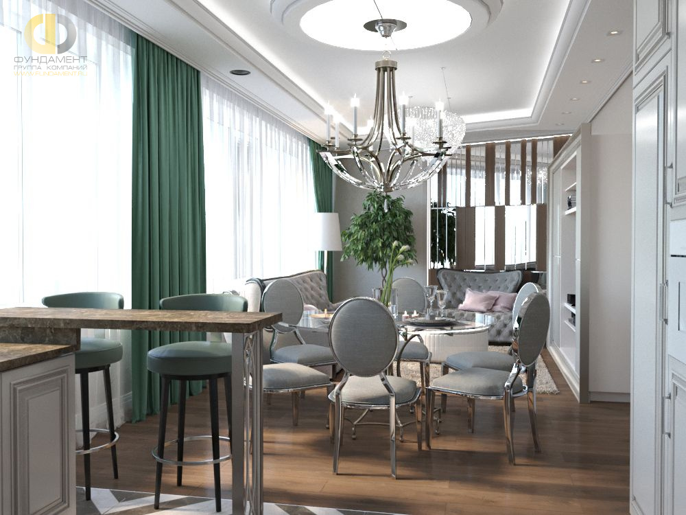 Дизайн интерьера столовой в трёхкомнатной квартире 100 кв.м в стиле эклектика6