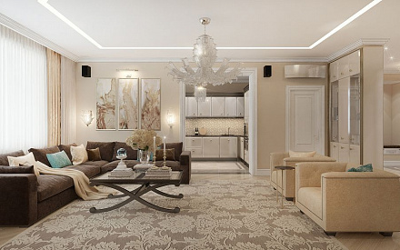 Дизайн интерьер гостиной в пятикомнатной квартире 127 кв.м в стиле современная классика