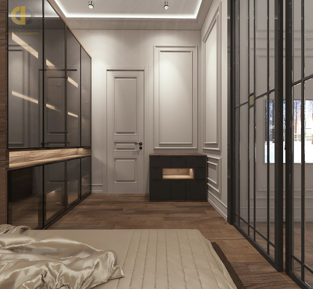 Дизайн интерьера спальни в четырёхкомнатной квартире 165 кв.м в классическом стиле с элементами лофт17