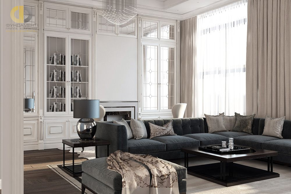 Дизайн интерьера гостиной в четырёхкомнатной квартире 165 кв.м в классическом стиле с элементами лофт10