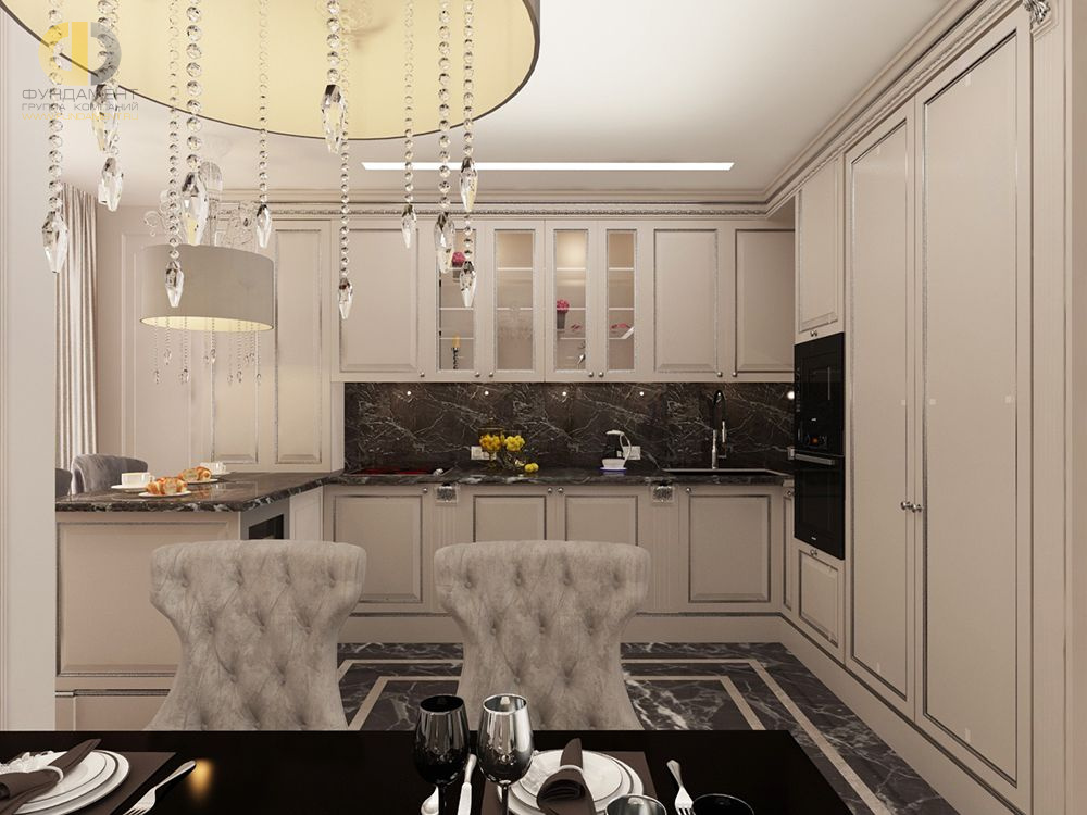 Дизайн интерьера кухни в 4-комнатной квартире 131 кв. м в стиле неоклассика