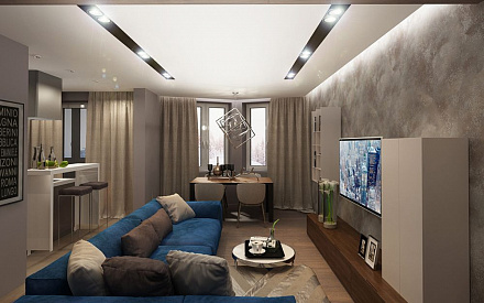 Дизайн интерьера гостиной в 4-комнатной квартире 104 кв. м в современном стиле