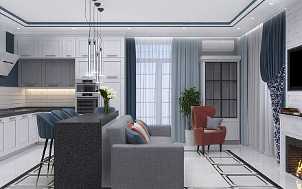 Дизайн интерьера гостиной в доме 190 кв.м в стиле современная классика