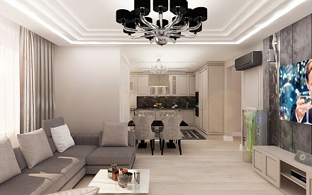 Дизайн интерьера гостиной в 4-комнатной квартире 131 кв. м в стиле неоклассика
