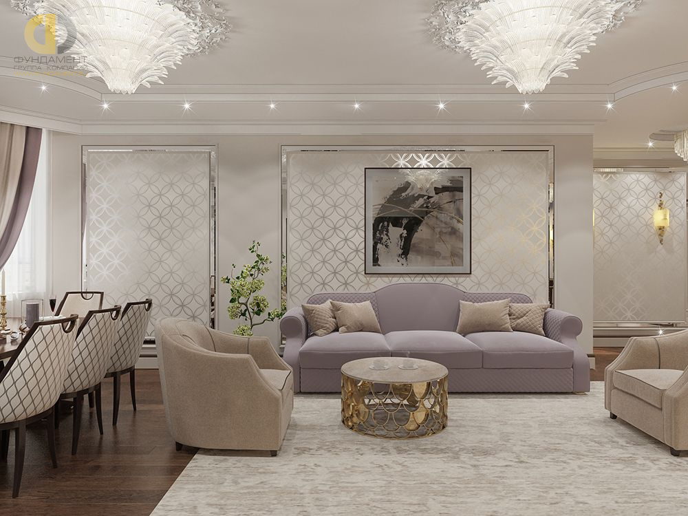 Дизайн интерьера гостиной в 3-комнатной квартире 132 кв.м в стиле ар-деко
